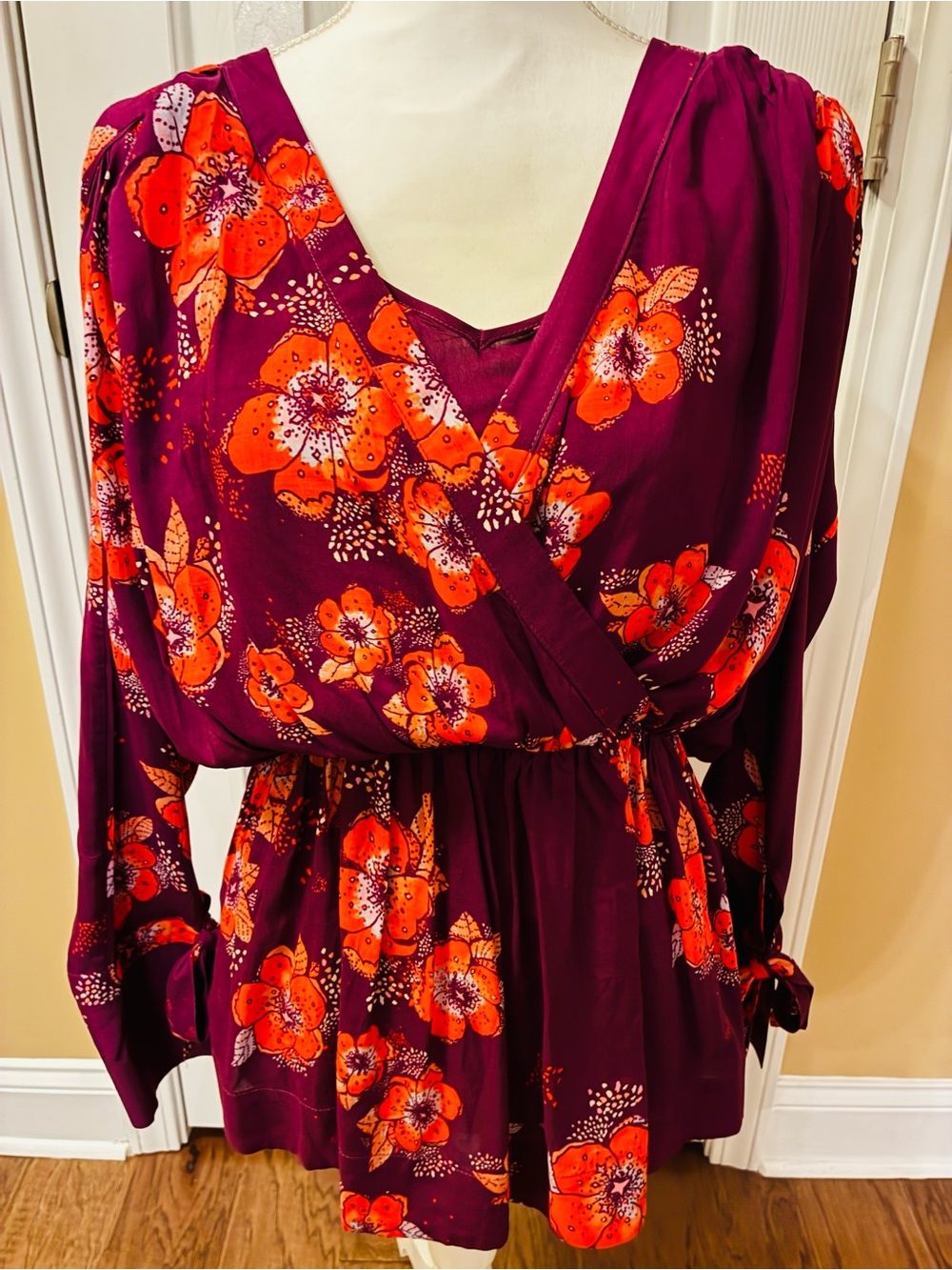 Free People Purple Floral Wrap Tunic with Orange Blooms Boohoo Sleeve Tie. XS
